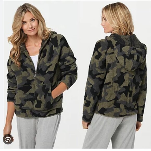 Barefoot Dreams Sz M Cozy Chic Camouflage Fleece Hoodie Teddy Jacket Full Zip - Picture 1 of 8